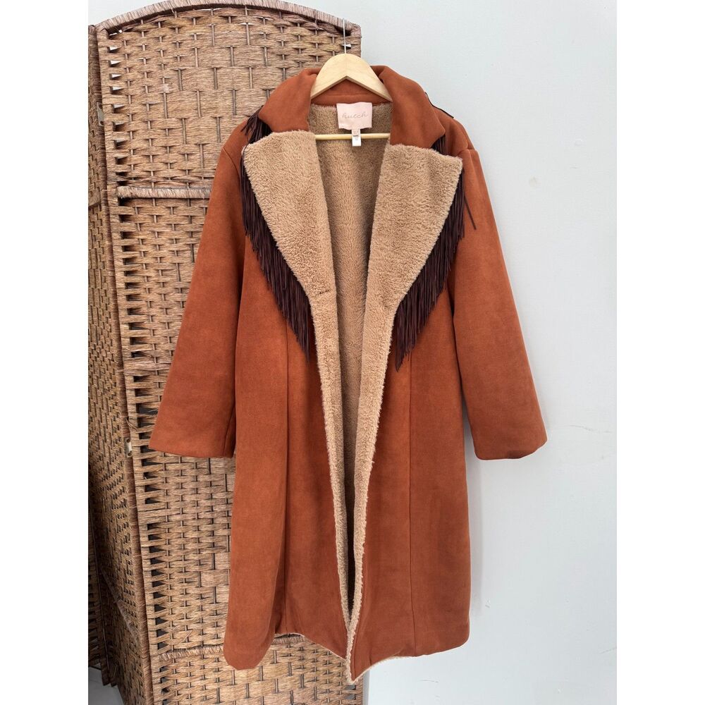 Hutch by Anthropologie Daisy Fringe Coat Faux Suede Shearling Rust XLP